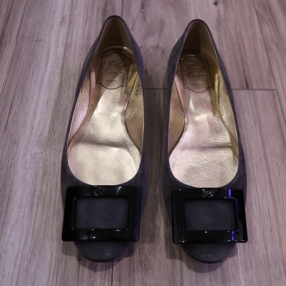 Roger Vivier Suede Ballet Flats Grey Buckle Shoes 38 Made in Italy
